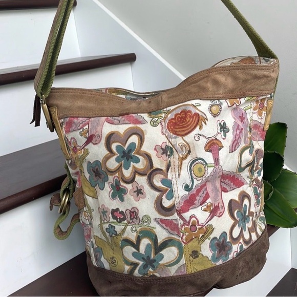 Lucky Brand Shoulder Bag Multicolor Floral Canvas Genuine Suede Boho Chic Tote - Picture 4 of 10